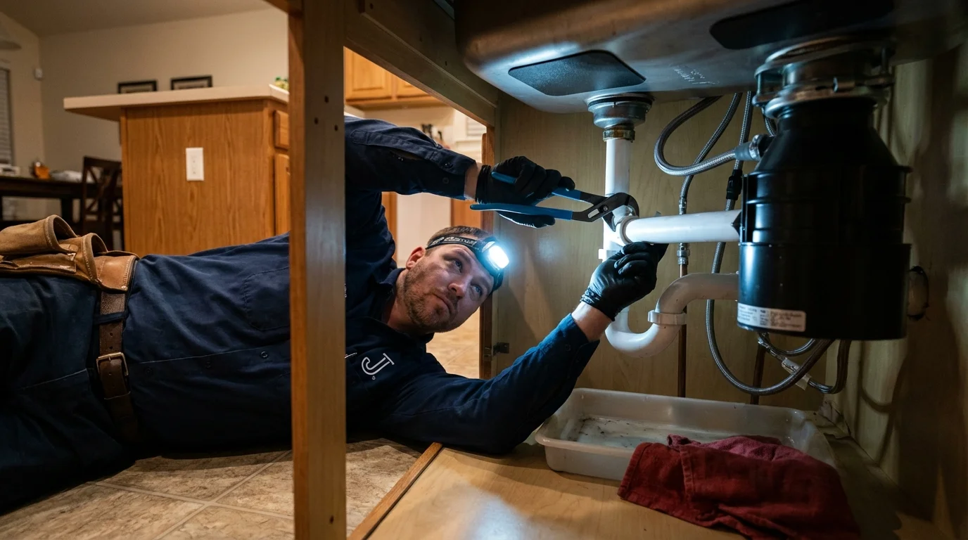 P-trap and supply line connections under a kitchen sink showing a common leak point in Cody, WY